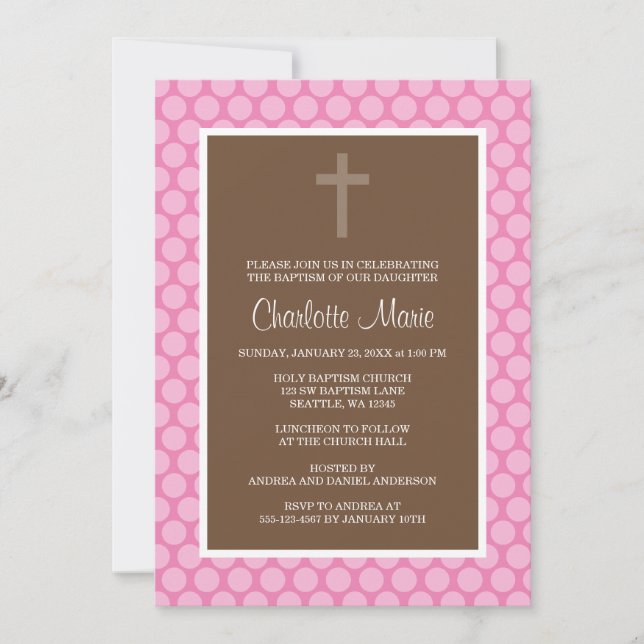 Invitation Pink Brown Polka Dot Cross Baptisme (Devant)