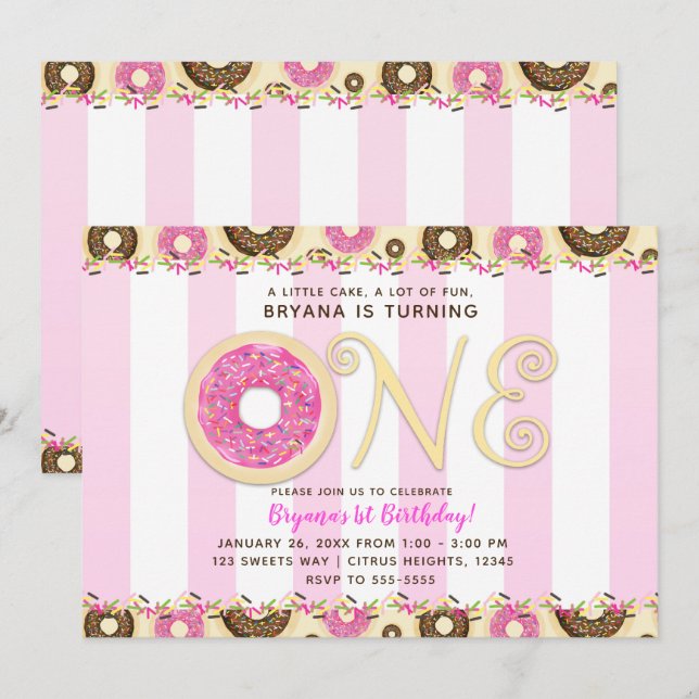 Invitation Pink Brown Sprinkts ONE 1st Birthday Party (Devant / Derrière)