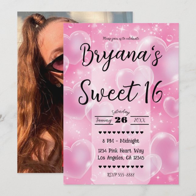Invitation Pink Bubble Hearts mignon fille 90's Anniversaire  (Devant / Derrière)