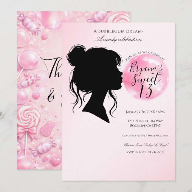Invitation Pink Bubblegum Dream Candy Birthday Celebration   (Devant / Derrière)