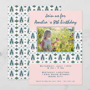 Invitation Pink Bugs Flower Motif Photo Anniversaire 