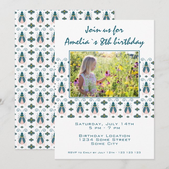 Invitation Pink Bugs Flower Motif Photo Anniversaire (Devant / Derrière)