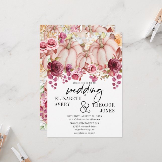 Invitation Pink Burgundy Automne Mariage Citrouille Floral (Devant/Arrière en situation)