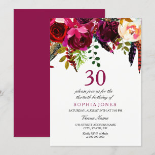Invitation Pink & Burgundy Boho Floral 30e fête d'anniversair