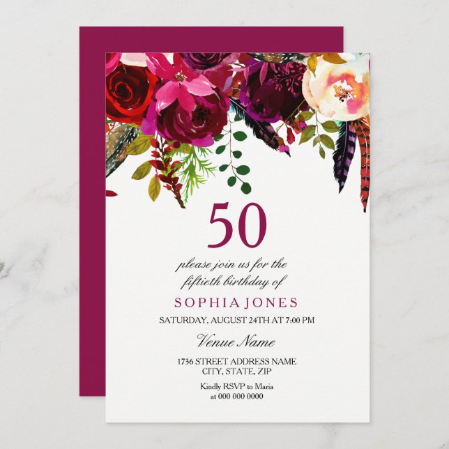 Invitation Pink & Burgundy Boho Floral 50e fête d'anniversair (Devant / Derrière)