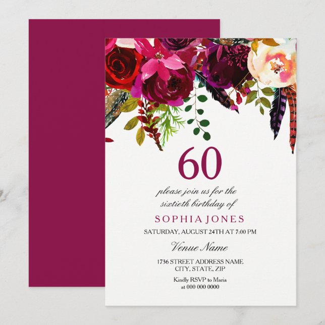 Invitation Pink & Burgundy Boho Floral 60e fête d'anniversair (Devant / Derrière)