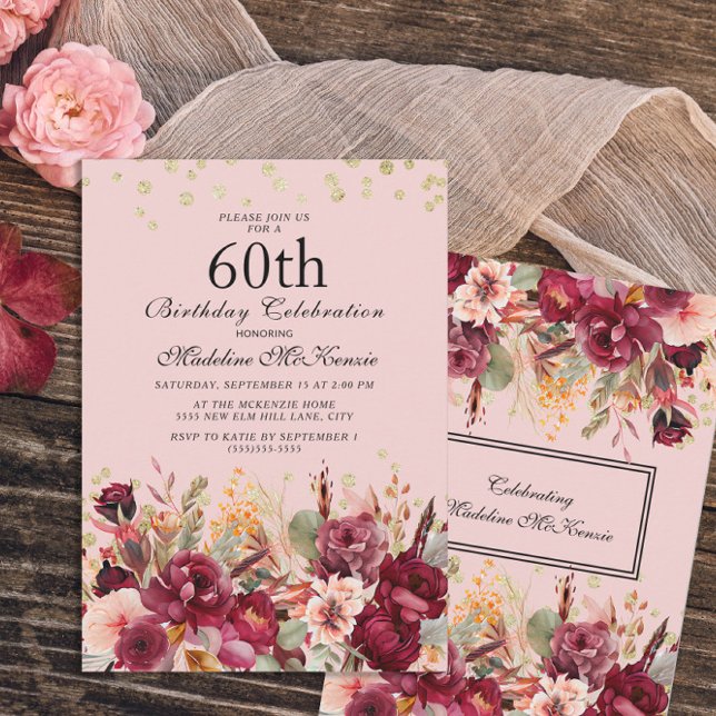 Invitation Pink Burgundy Floral Gold Parties scintillant 60e  (Créateur téléchargé)
