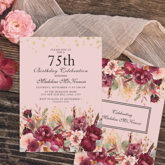 Invitation Pink Burgundy Floral Gold Parties scintillant 75e  (Créateur téléchargé)