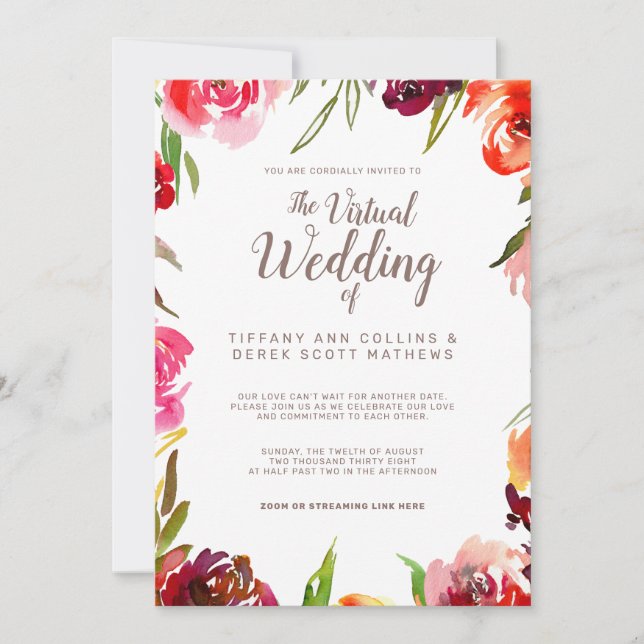 Invitation Pink Burgundy Floral Mariage virtuel en ligne (Devant)