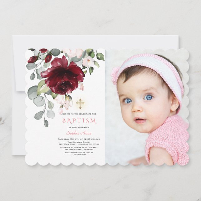 Invitation Pink Burgundy Floral Photo Girl Gold Cross Baptism (Devant)
