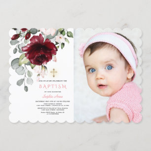 Invitation Pink Burgundy Floral Photo Girl Gold Cross Baptism