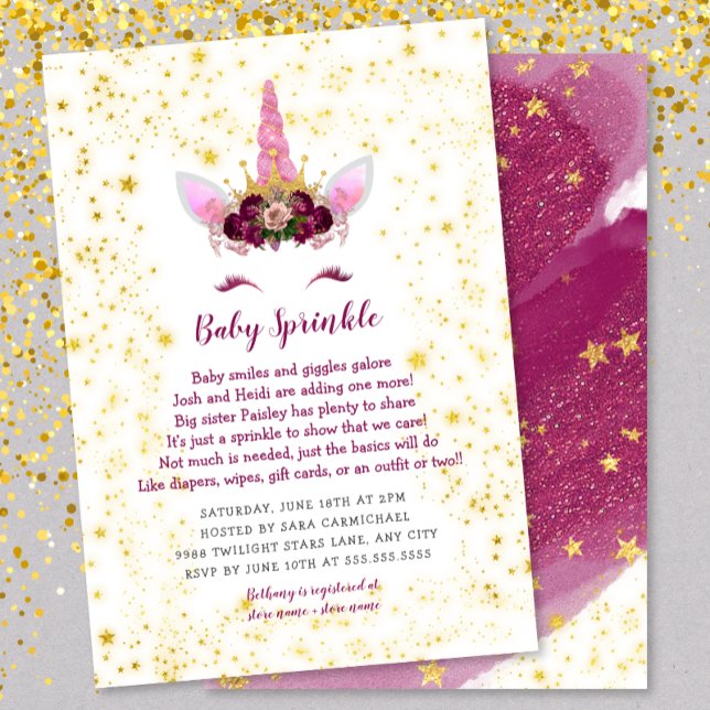 Invitation Pink Burgundy Gold Unicorn Baby Sprinking (Créateur téléchargé)