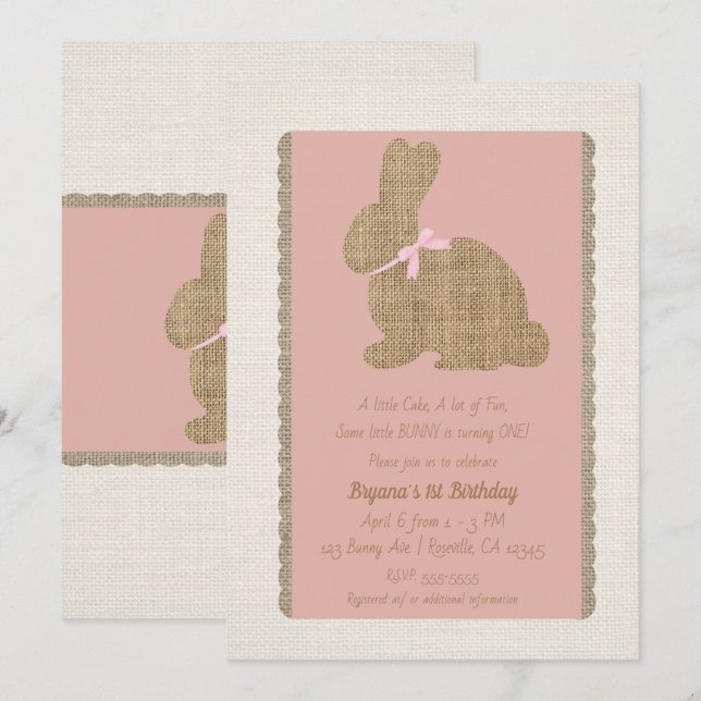 Invitation Pink & Burlap Rustic Bunny Pâques 1er anniversaire (Devant / Derrière)
