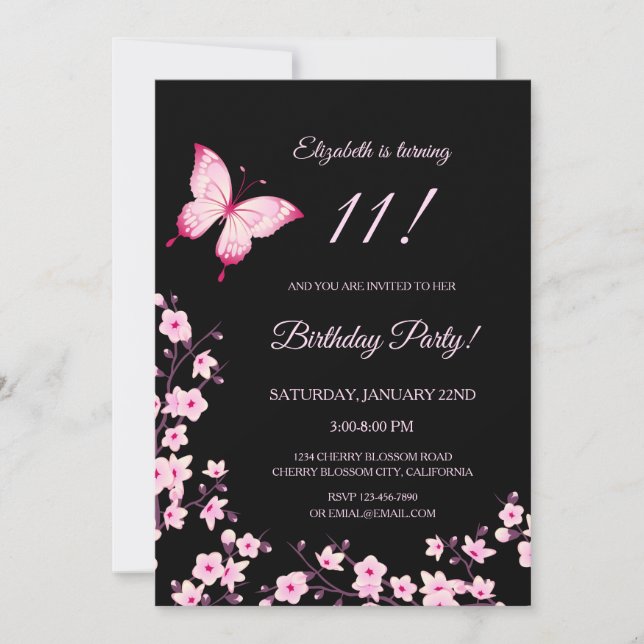 Invitation Pink Butterfly Cherry Blossom Black  (Devant)