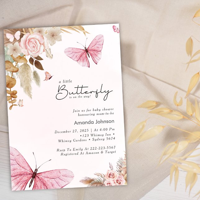 Invitation Pink Butterfly Pampas Grass Bohemian Baby Shower  (Créateur téléchargé)