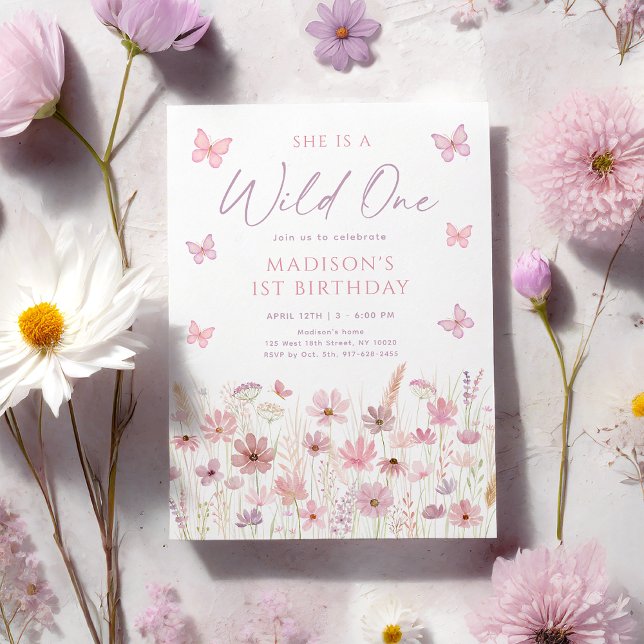 Invitation Pink Butterfly Wildflowers First Birthday (Créateur téléchargé)