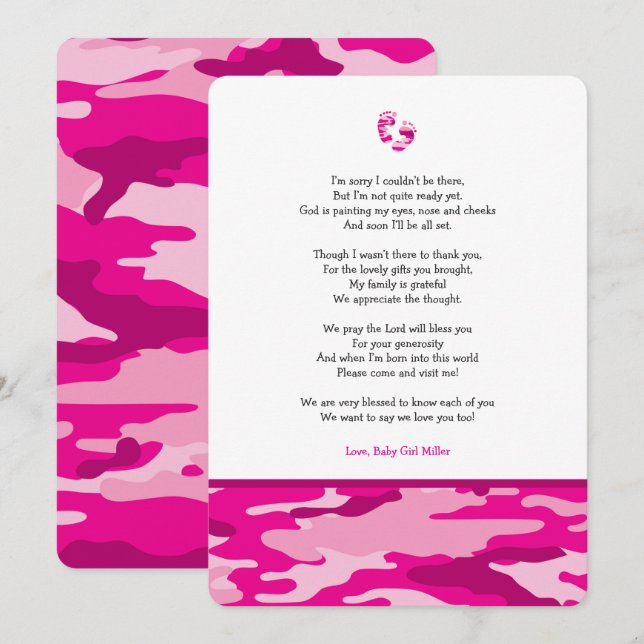 Invitation Pink Camo fille poème baby shower merci note (Devant / Derrière)