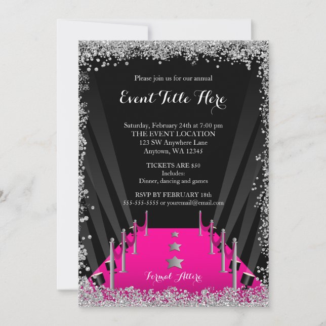 Invitation Pink Carpet Hollywood Parties scintillant Argent F (Devant)