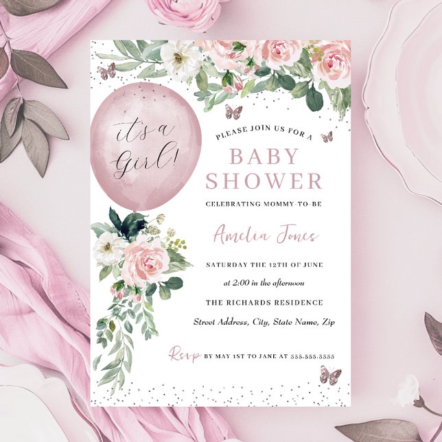 Invitation Pink C'est un Baby shower de papillon à ballons po (Créateur téléchargé)