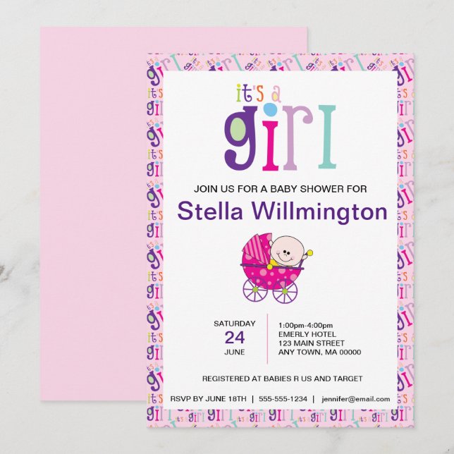 Invitation Pink C'est une Motif de transport de bébé fille Po (Devant / Derrière)