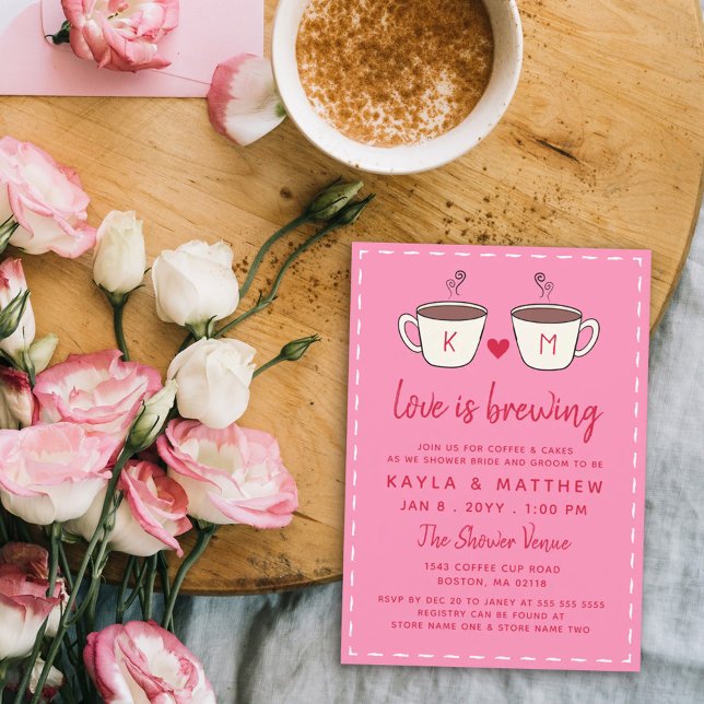 Invitation Pink Charming Coffee Cups Love Is Brewing Shower (Créateur téléchargé)