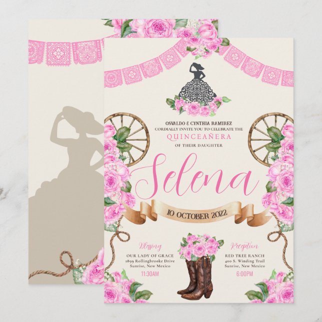 Invitation Pink Charro Quinceanera Papel Picado Rose occident (Devant / Derrière)