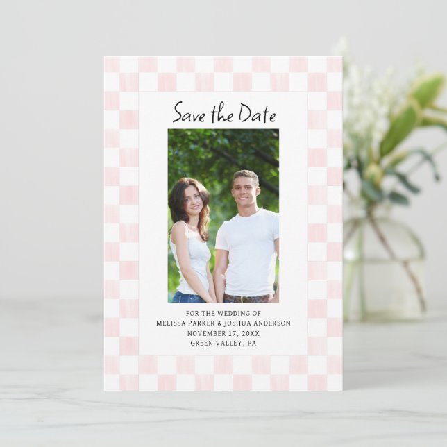 Invitation Pink Checkerboard Photo Save the Date (Debout devant)