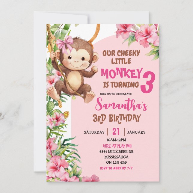 Invitation Pink Cheeky Little Monkey Savannah Theme Birthday (Devant)