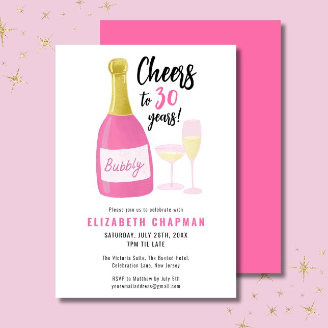 Invitation Pink Cheers à 30 ans bubbly 30e anniversaire fête (Cheers to 30 years pink champagne  30th birthday invitation.  Full 30th birthday party range.)