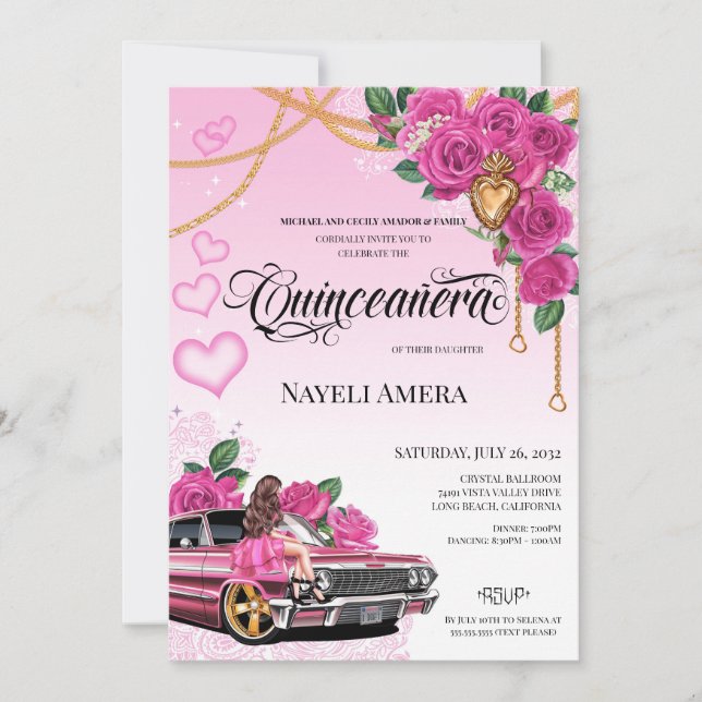 Invitation Pink Chicana Lowrider Chola Quinceanera (Devant)