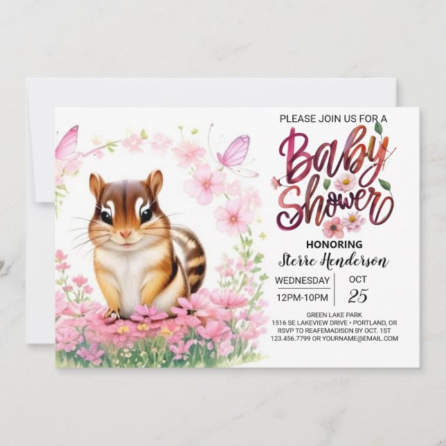 Invitation Pink Chipmunk Blooms Baby shower fille (Devant)