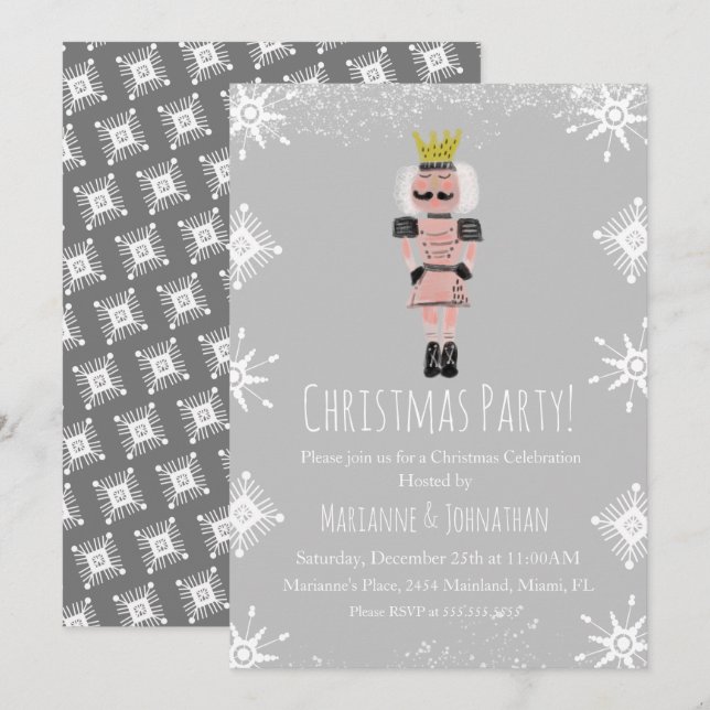 Invitation Pink Christmas Party Nutcracker Snowflakes (Devant / Derrière)