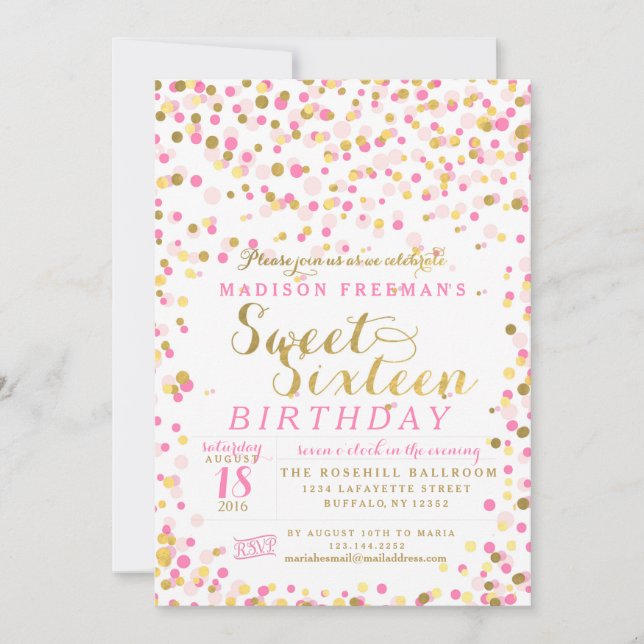 Invitation Pink Confetti Gold Foil Sweet 16 Anniversaire (Devant)