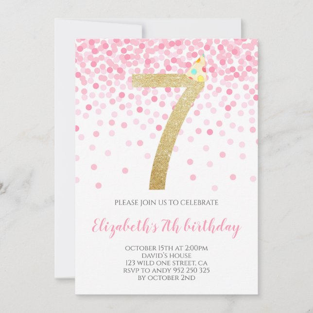 Invitation Pink Confetti Party Gold Number Girl 7e anniversai (Devant)