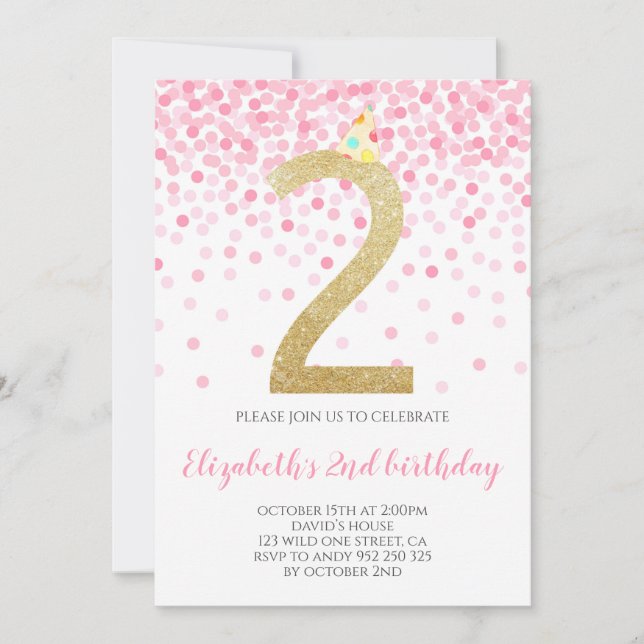 Invitation Pink Confetti Party Gold Numéro Fille 2e anniversa (Devant)