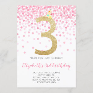Invitation Pink Confetti Party Gold Numéro Fille 3e anniversa