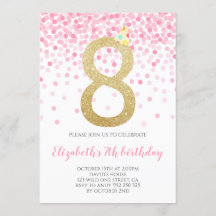 Pink Confetti Party Gold Numéro Fille 8e anniversa
