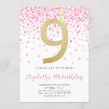 Pink Confetti Party Gold Numéro Fille 9e anniversa