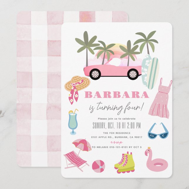 Invitation Pink Convertible Palm Tree Girl Anniversaire (Devant / Derrière)