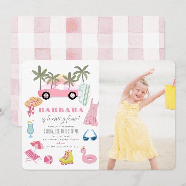 Invitation Pink Convertible Palm Tree Girl Photo Anniversaire (Devant / Derrière)