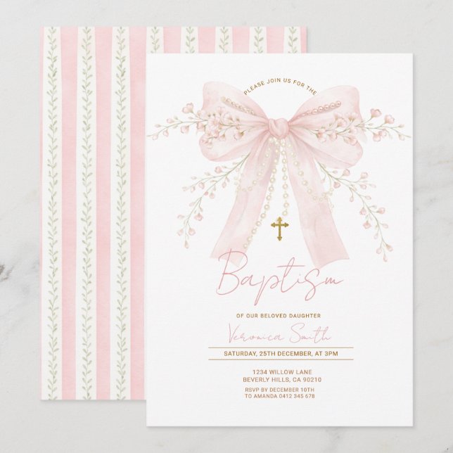 Invitation Pink Coquette Bow Pearls Baptism Christening (Devant / Derrière)