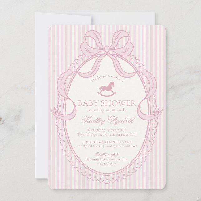 Invitation Pink Coquette Bow Rocking Horse Baby Shower (Devant)