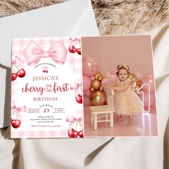 Invitation Pink Coquette Cherry First Birthday Party Photo (Créateur téléchargé)