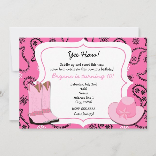 Invitation Pink Cowgirl Western Bandana Paisley (Devant)