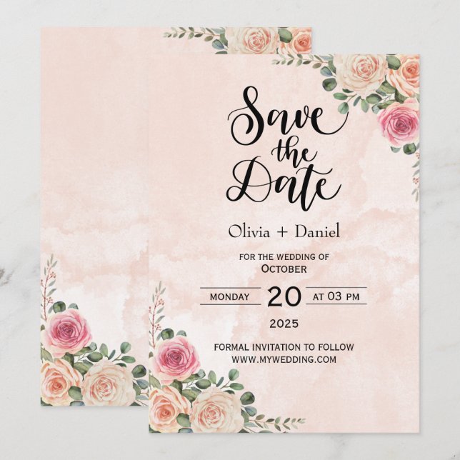Invitation Pink Cream Floral Wedding Save the Date Cards (Devant / Derrière)