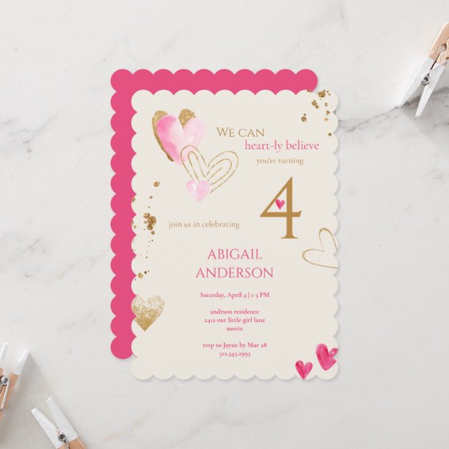 Invitation Pink & Cream Heart-ly Believe Birthday Party (Devant/Arrière en situation)