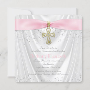 Invitation Pink Cross First Communion White Satin