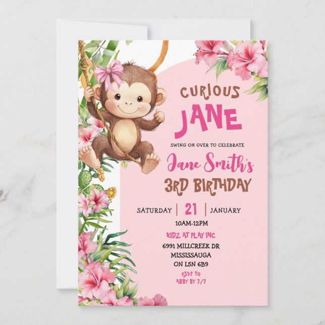 Invitation Pink Curious Monkey Safari Theme Birthday (Devant)