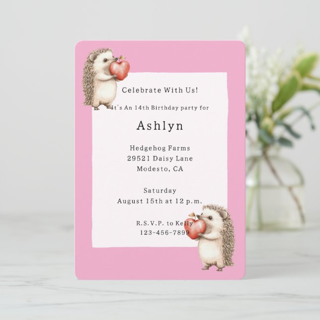 Invitation Pink Cute Adorable Hedgehogs Hearts Birthday (Debout devant)