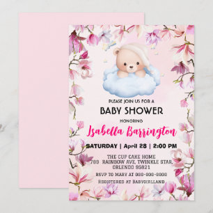 Invitation Pink Cute Bear pyjamas fleurs baby shower enfants